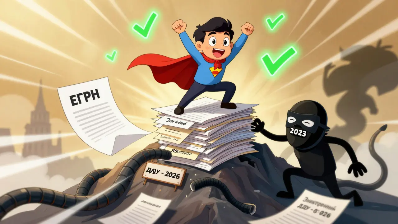 Герой на горе документов победил мошенника-застройщика, вокруг светящиеся галочки