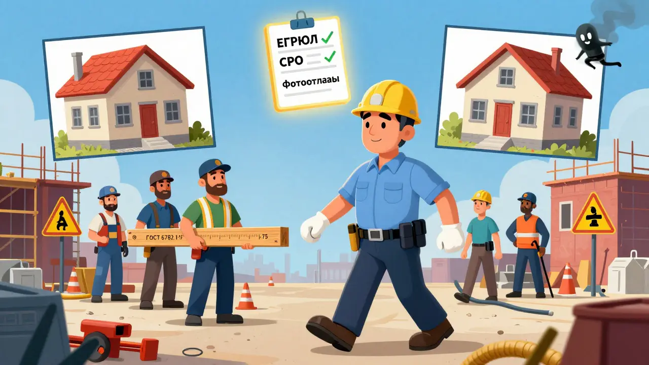 Инспектор осматривает чистую стройплощадку с тремя домами на разных стадиях и проверенными материалами.