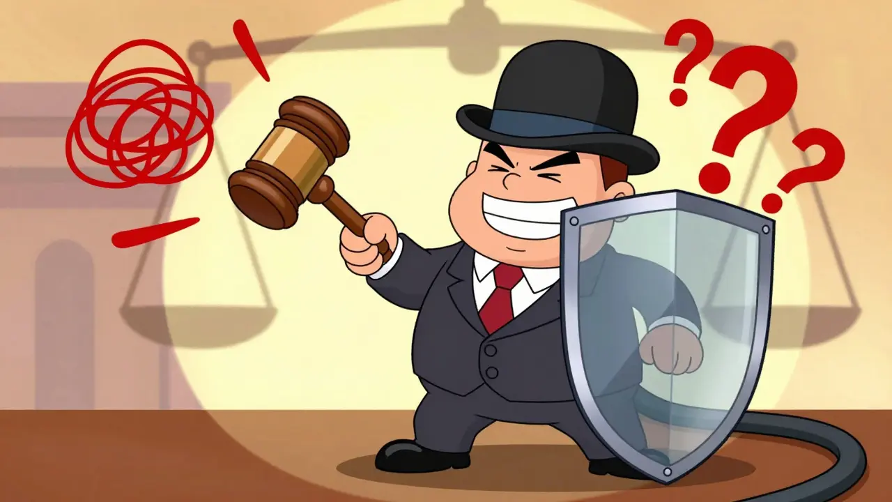 Карикатурный бизнесмен защищает себя от ошибок щитом и молотком.