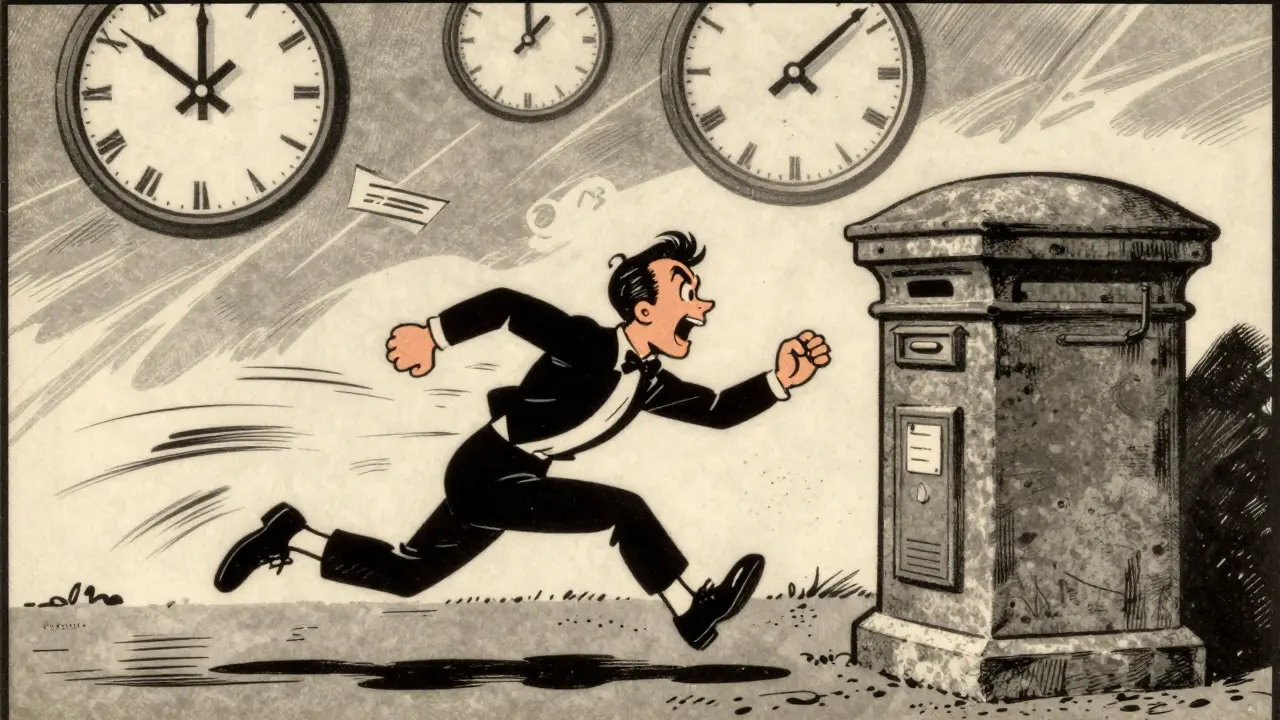 Карикатурный герой бежит сдать декларацию в ящик.