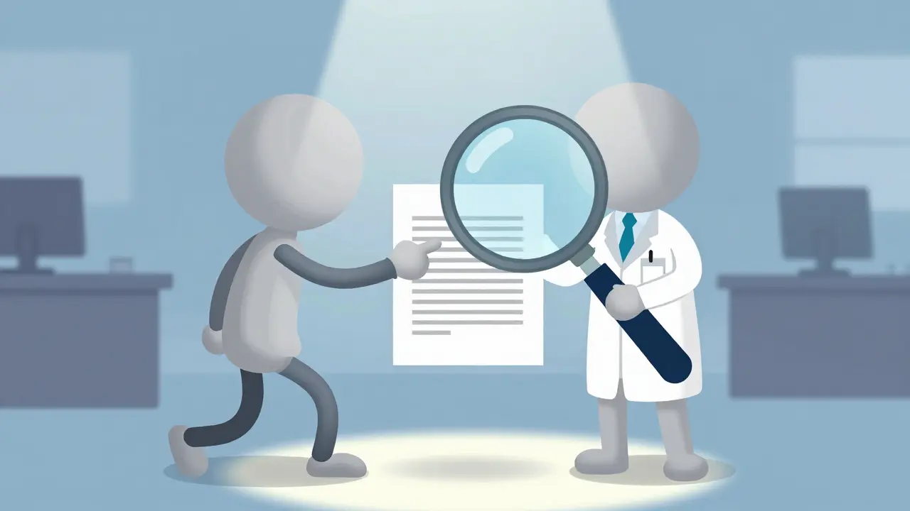 Карикатурный нотариус проверяет бумаги увеличительным стеклом.