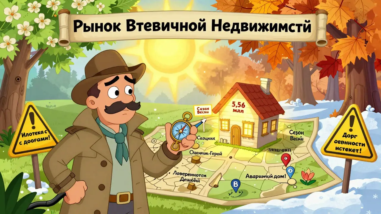 Карта рынка недвижимости с маршрутами по сезонам и предупреждениями о подставных сделках, ведущая к правильной цене.