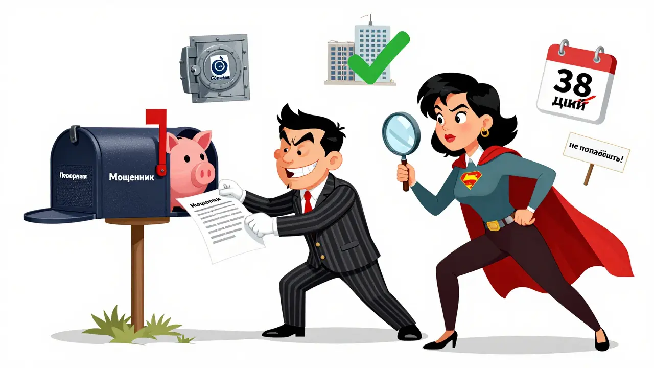 Мама-героиня раскрывает мошеннические схемы застройщика с помощью увеличительного стекла и проверочных знаков.