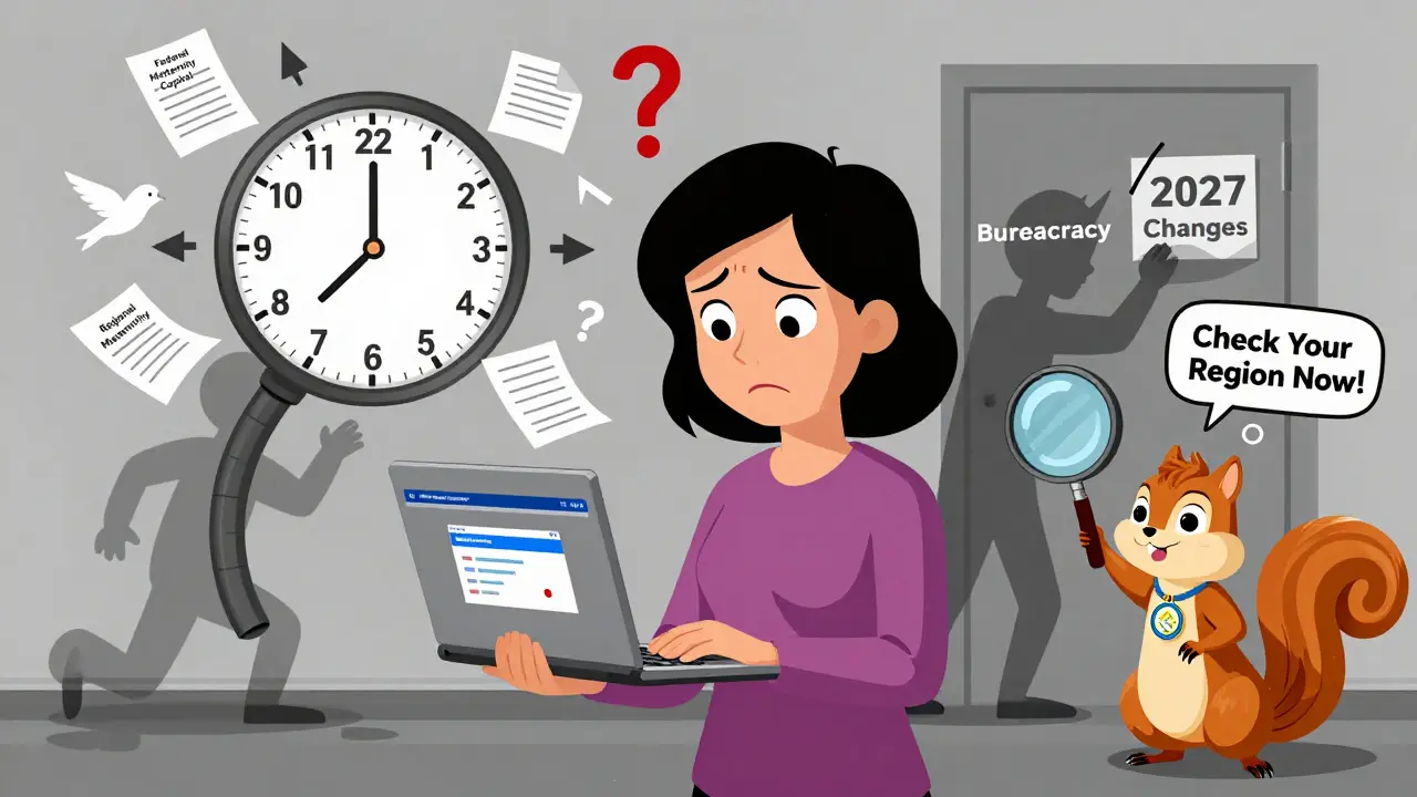 Мать с ноутбуком пытается понять правила регионального маткапитала, вокруг — подсказки и предупреждения о изменениях в 2026 году.