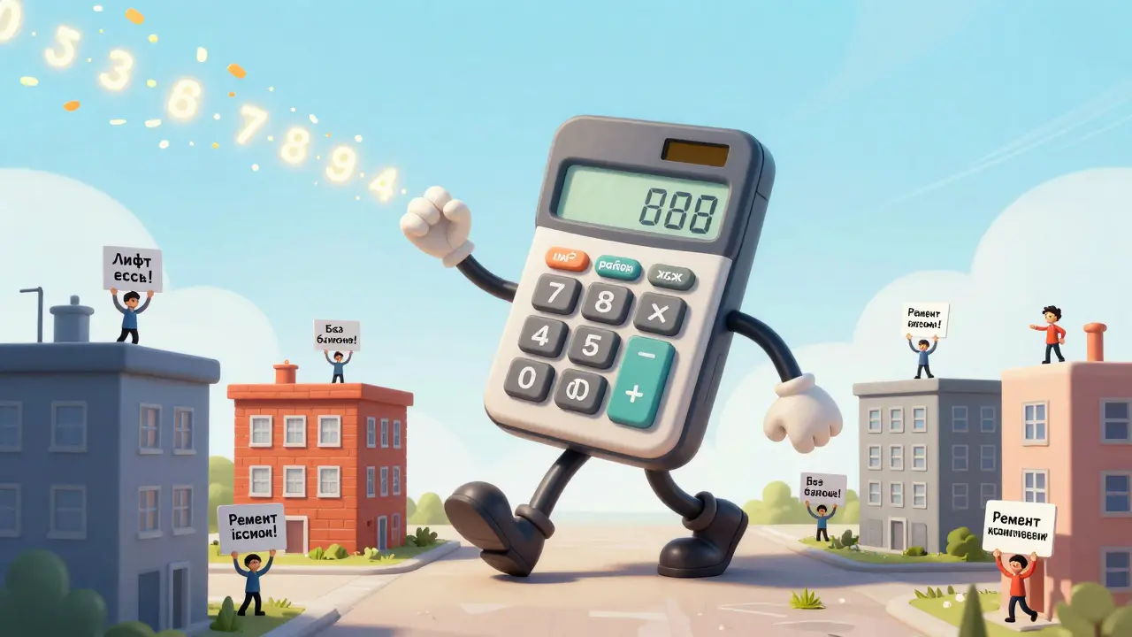 Мультяшный калькулятор с ногами шагает по домам, вычисляя цену за м² с учетом лифта, балкона и ремонта.