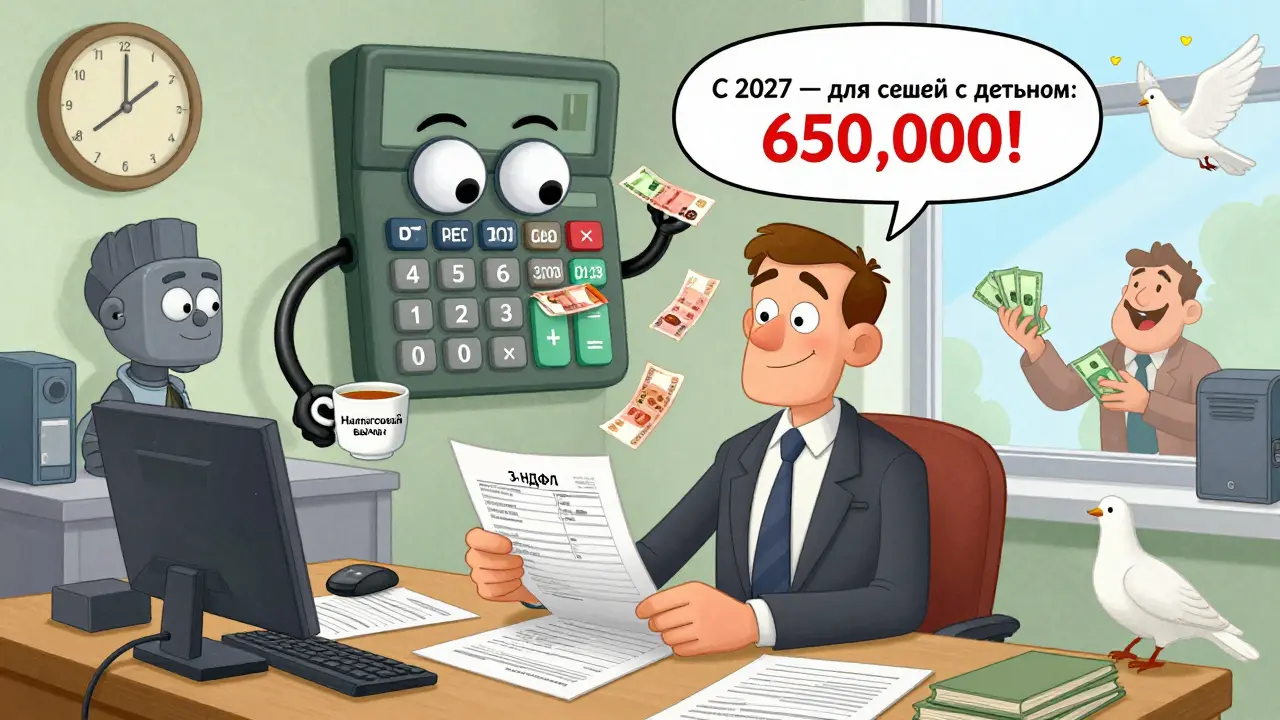 Мужчина смотрит на калькулятор, который показывает 390 000 рублей, рядом лежат документы и календарь с 2027 годом.