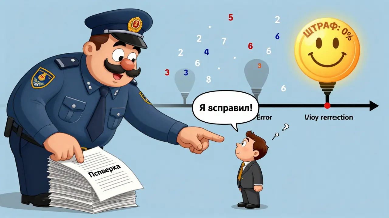 Налоговая инспекторша указывает на человека, который подал уточнённую декларацию вовремя, избегая штрафа.