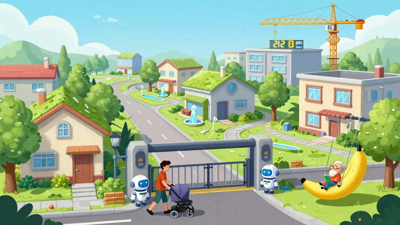 Новостройка 2026 года с зелеными крышами, фонтанами и роботом-охранником у ворот.