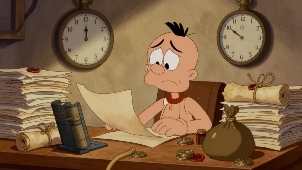 Озабоченный человек с документами перед дедлайном