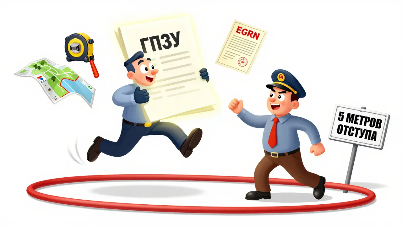 Покупатель получает важный документ ГПЗУ, рядом — сияющие символы проверки земли.