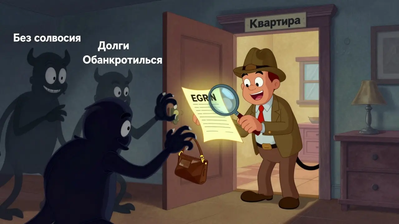 Покупатель проверяет документы, за ним дверь в квартиру, а сбоку — три угрожающие тени.