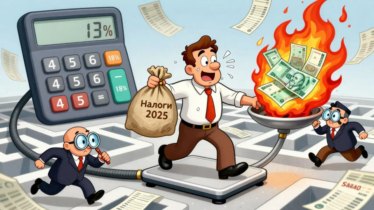 Продавец на весах с налогами, над ним калькулятор с процентами, вокруг летят квитанции.