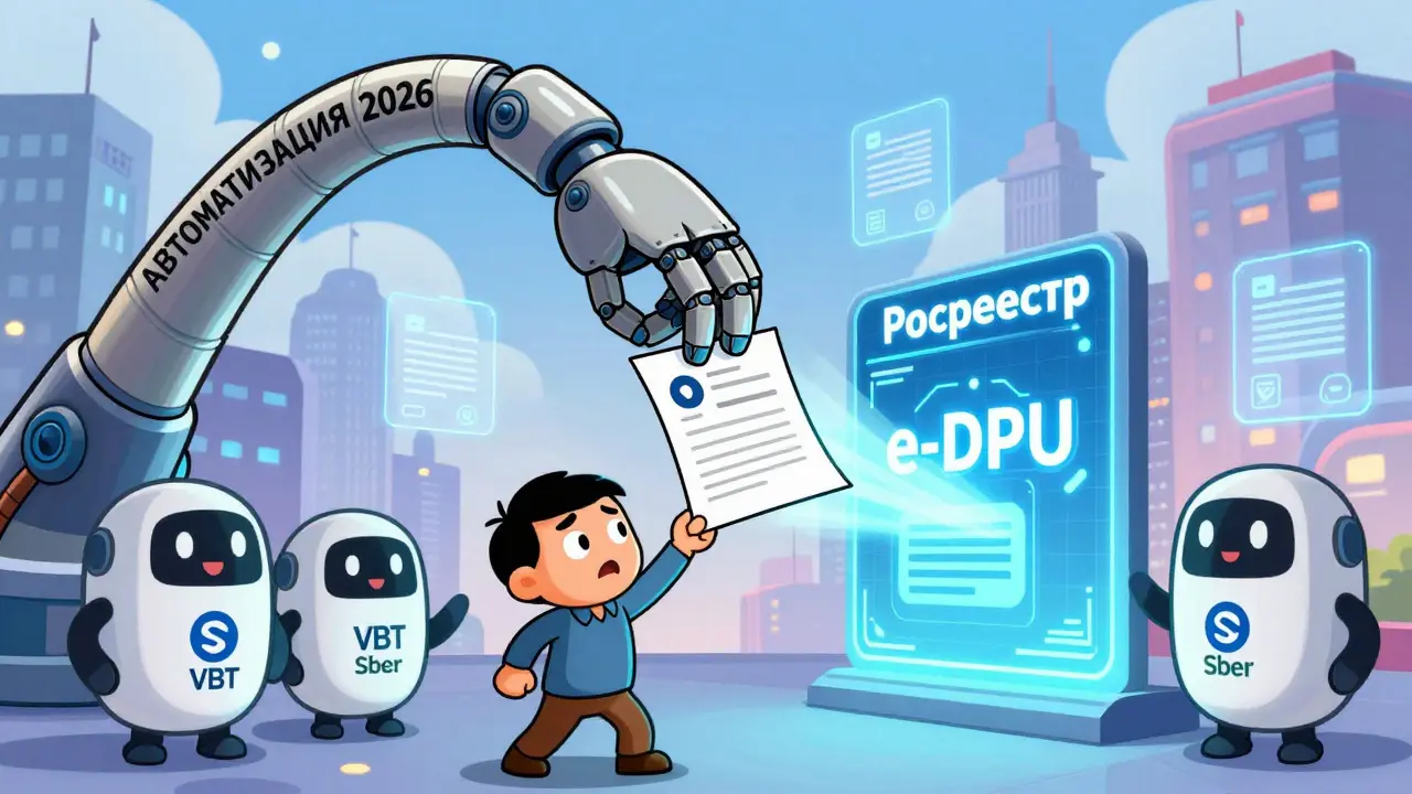 Робот заменяет бумажный договор на электронный, который улетает в цифровой портал