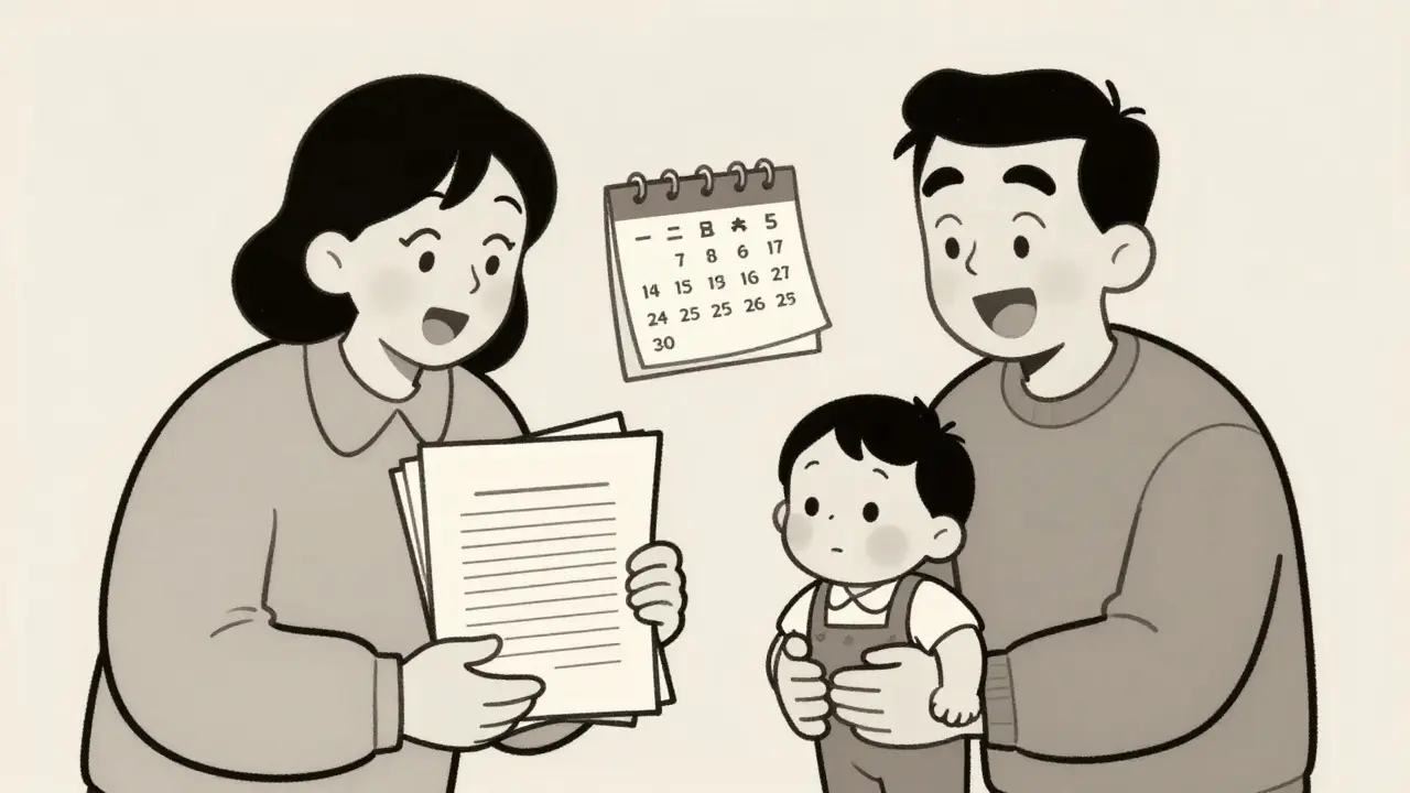 Родители с документами и маленьким ребенком для оформления ипотеки.