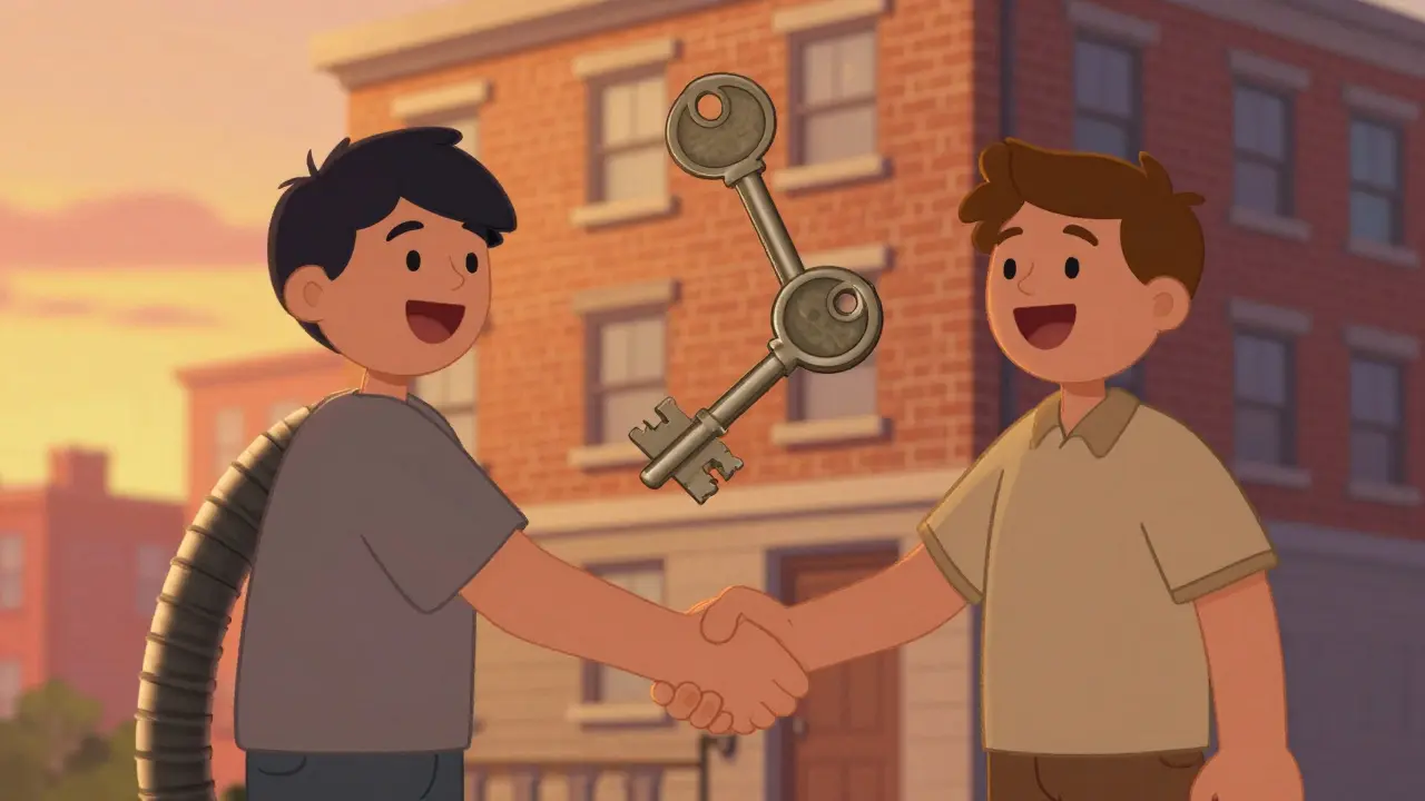 Рукопожатие между покупателем и продавцом с ключами от квартиры.