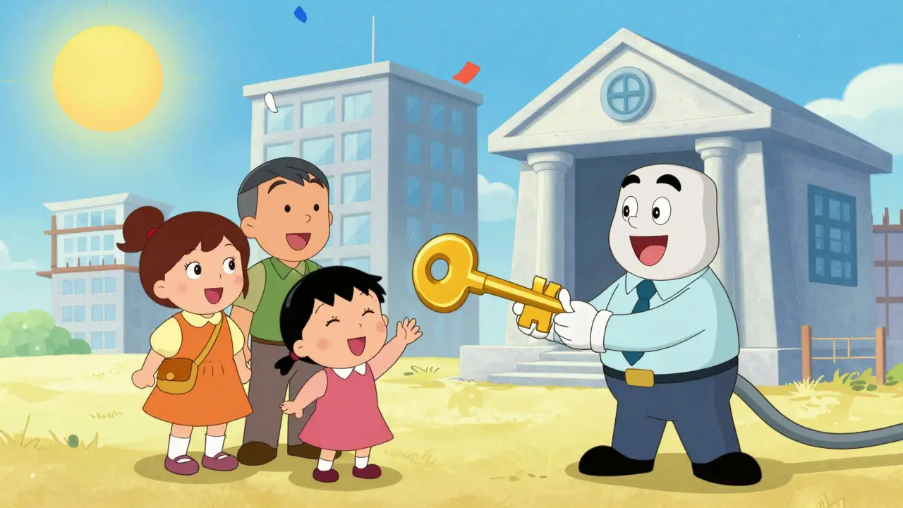 Счастливая семья получает ключи от новой квартиры.