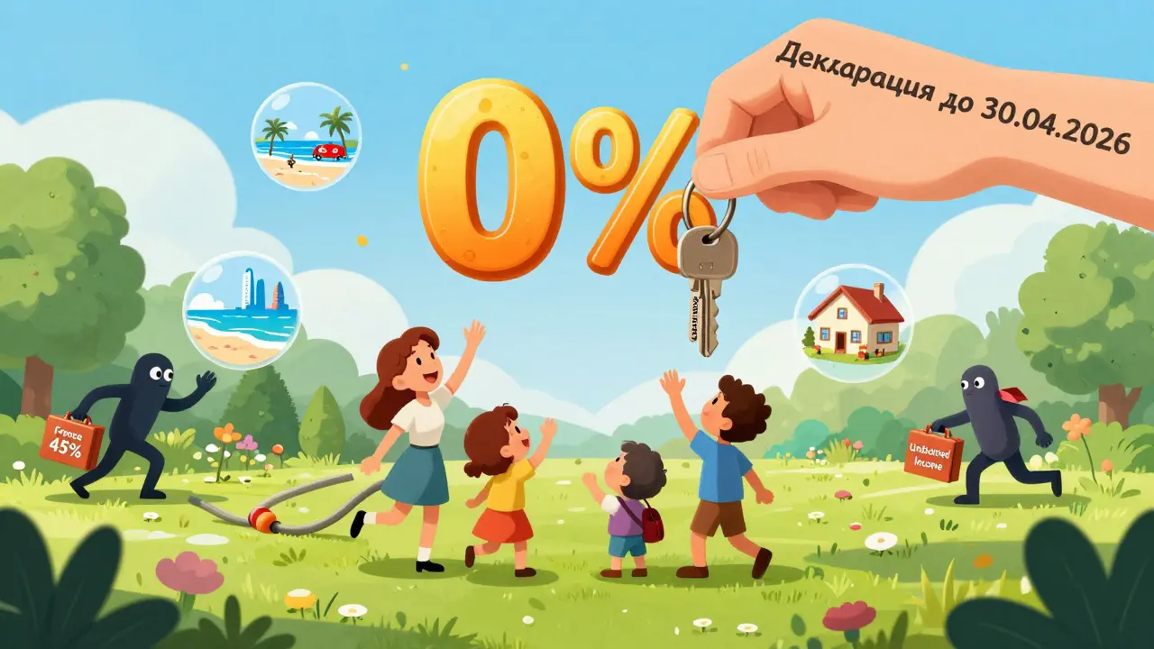 Семья празднует нулевой налог на дом, которым владели более 5 лет, с фоном безналоговых стран.