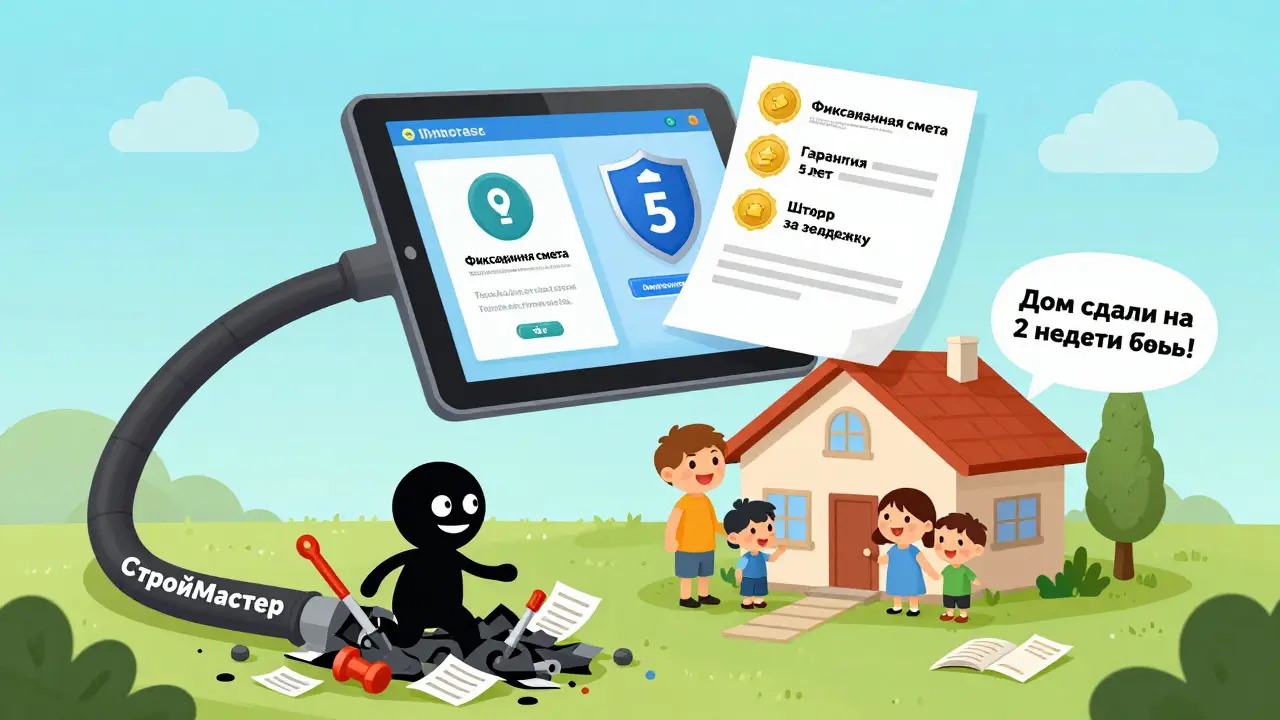 Семья радуется новому дому, над которым висит цифровой отчёт с гарантией и блокчейн-сертификатами.