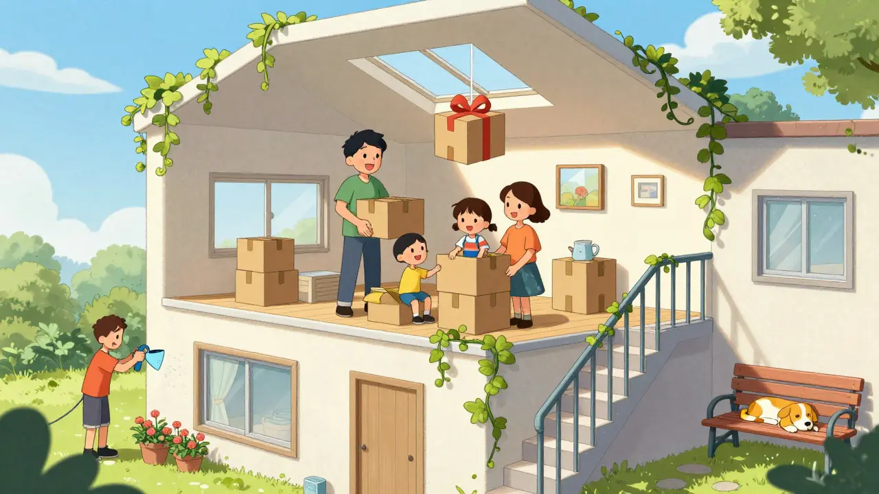 Семья распаковывает вещи в квартире с бесплатной мансардой над головой, окно открывается на зелень.