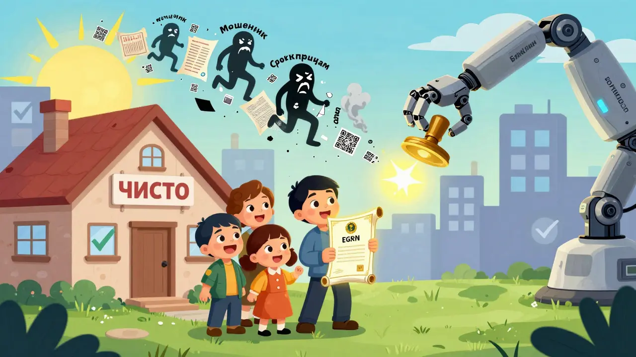 Семья стоит у дома с подписью 'ЧИСТО', держа светящийся документ ЕГРН, позади — исчезающие мошенники.