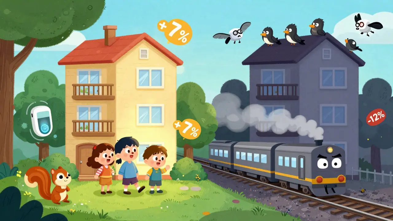 Семья выбирает между квартирой у парка и рядом с железной дорогой — разница в цене видна по выражениям.