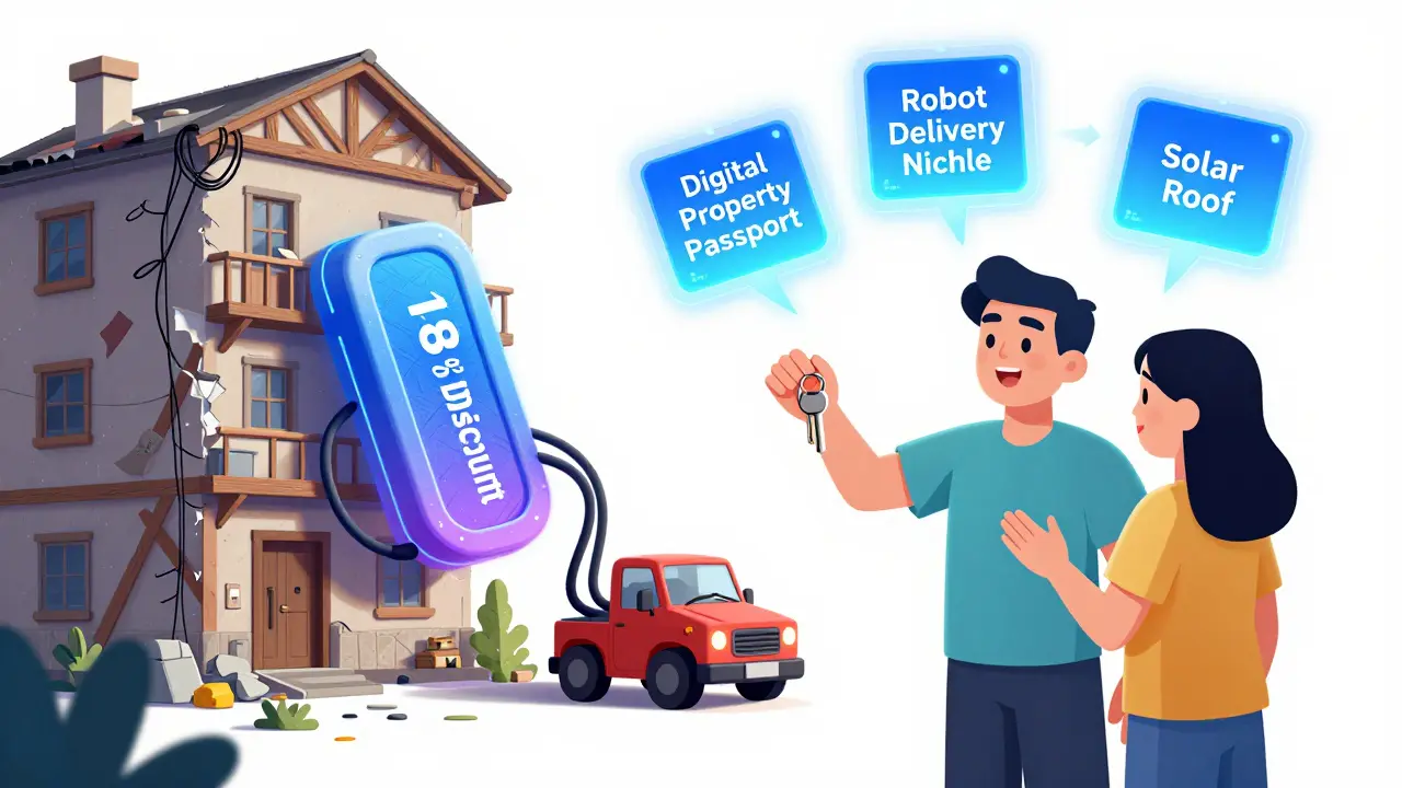 Современная квартира 2026 года с цифровыми паспортами и роботами-доставщиками, в противовес старому дому с деревянными перекрытиями.