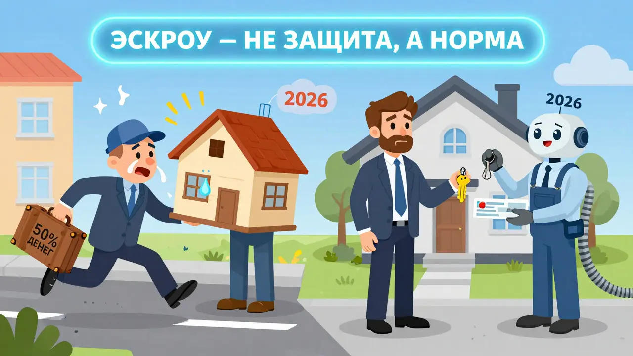 Сравнение: слева — мошенник убегает с деньгами, справа — дом построен безопасно через эскроу.