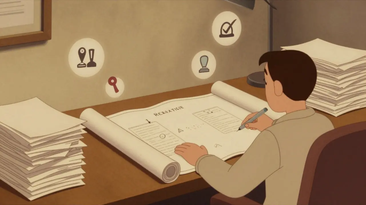 Стоп кадр с документами и планами для согласования реконструкции.