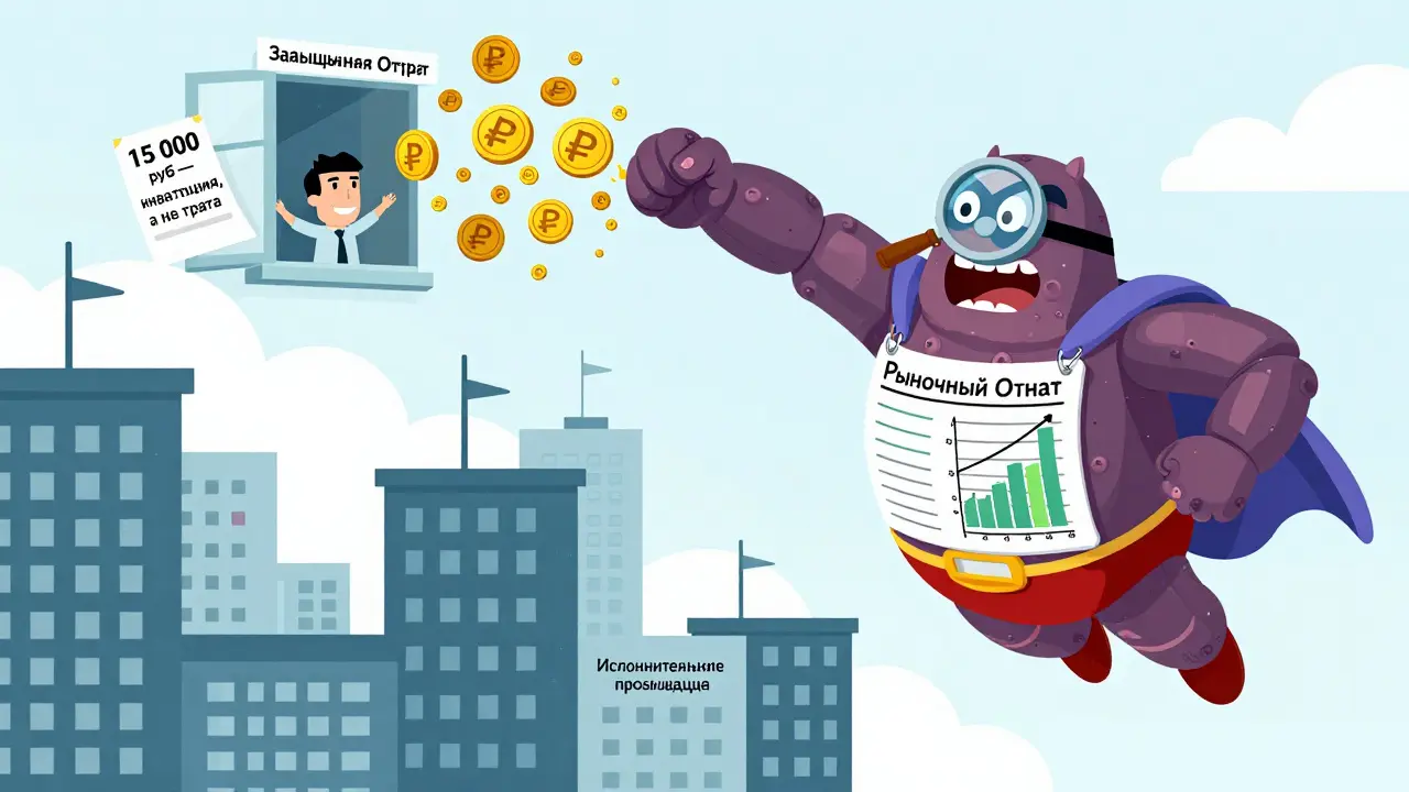 Супергерой 'Рыночный отчёт' побеждает монстра 'Завышенная оценка', превращая его в монеты, а человек радостно держит чек.