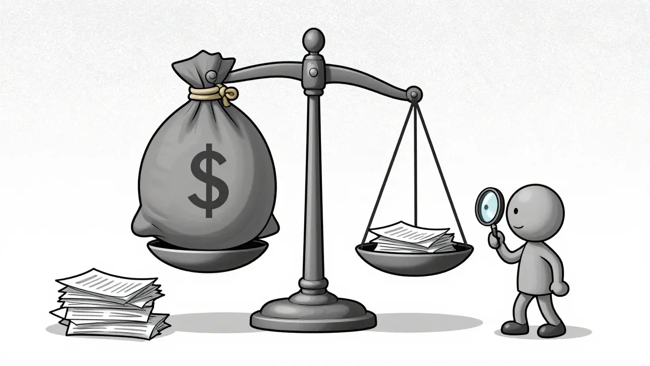 Весы с сумкой монет и документами о расходах.