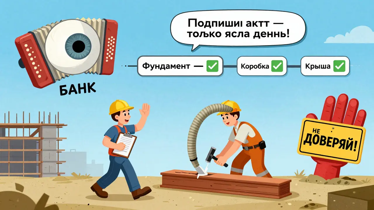 Владелец дома подписывает акт приемки этапа строительства, банк наблюдает сверху.