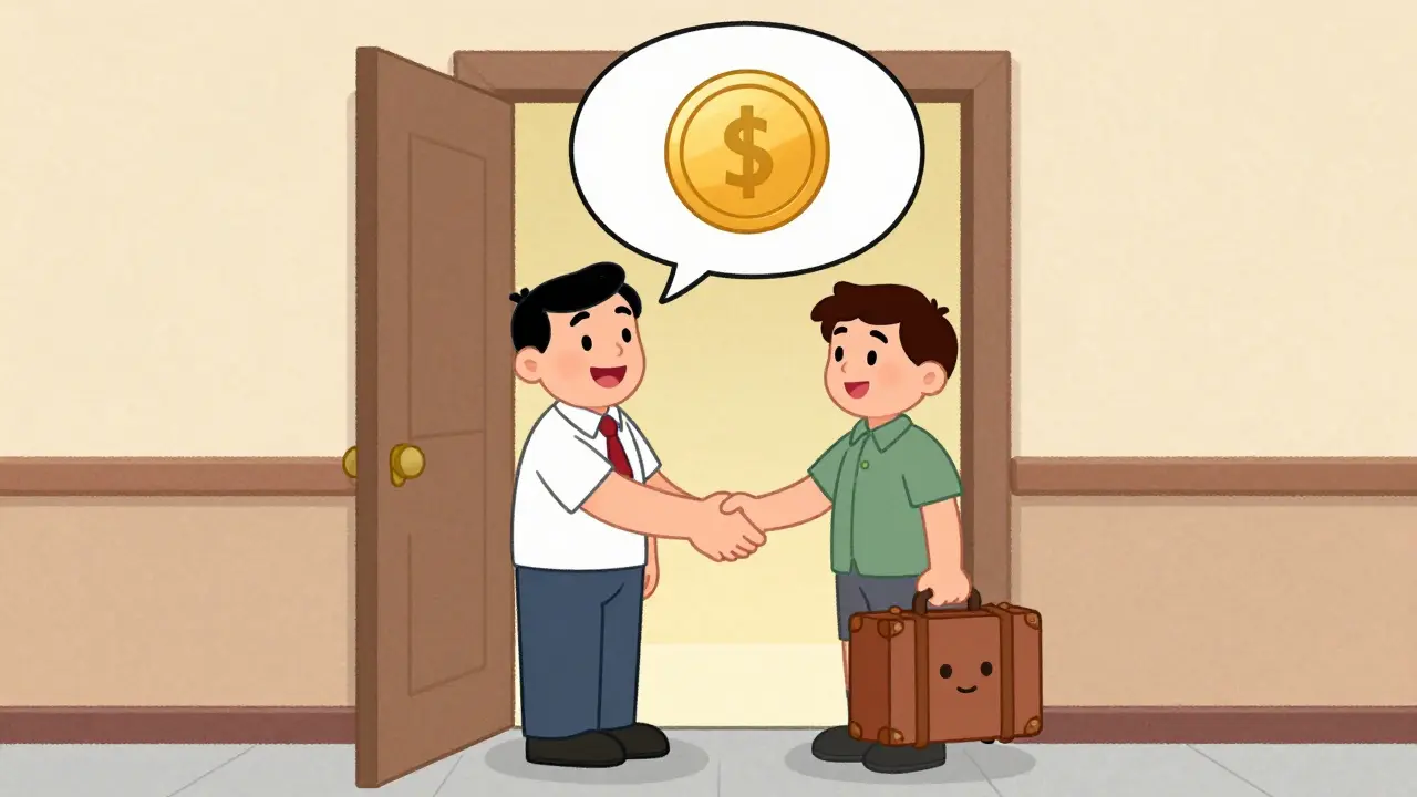 Дружелюбное расставание владельца и арендатора с чемоданом в стиле мультфильмов 30-х