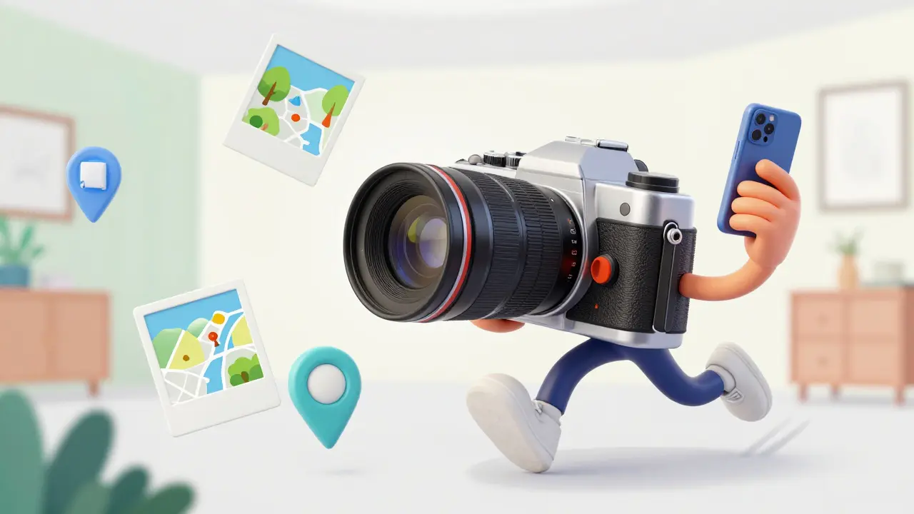 Мультяшный герой фотографирует квартиру для цифрового акта приема-передачи