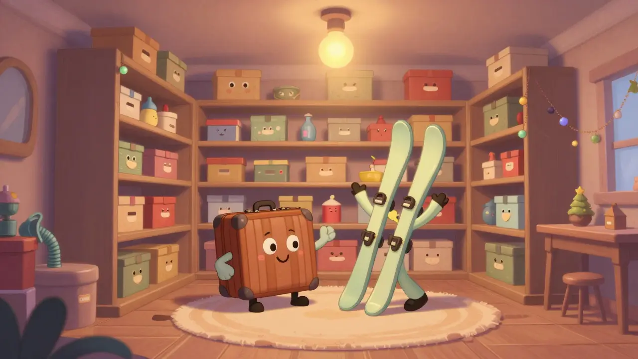 Ожившие вещи танцуют в уютной и организованной кладовой в стиле ретро-мультфильма.