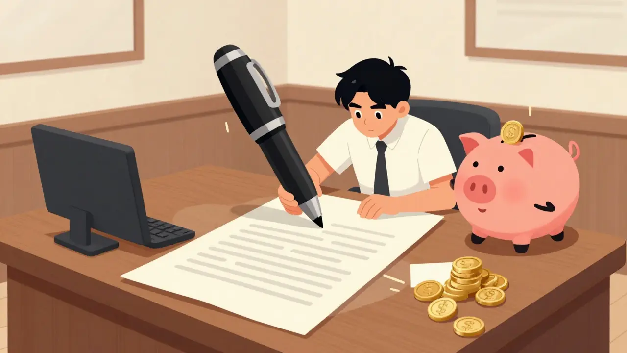 Подросток подписывает договор у нотариуса рядом с забавной копилкой