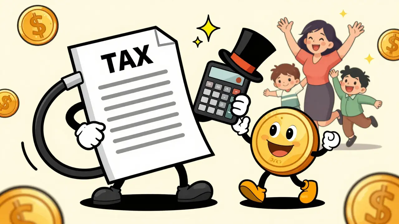 Радостная мать с двумя детьми и танцующие монеты в стиле ретро-мультиков