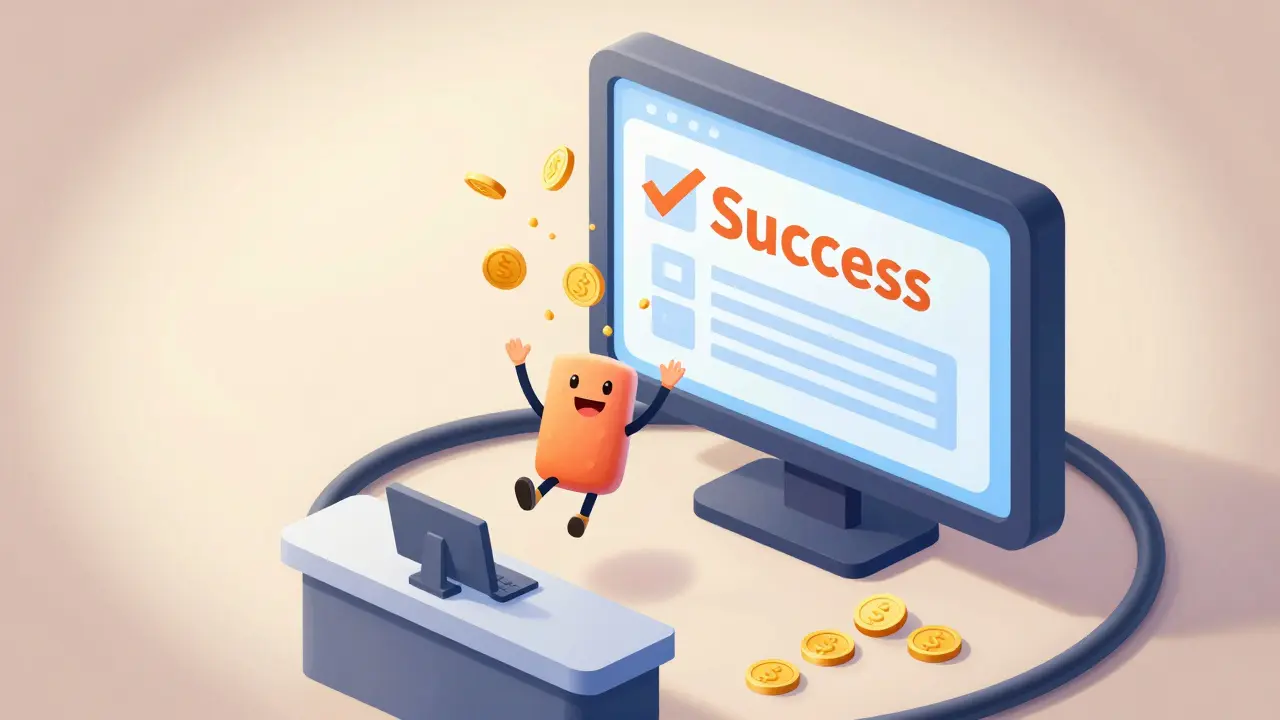 Радостный персонаж получает налоговый вычет через цифровой сервис в стиле ретро-мультиков