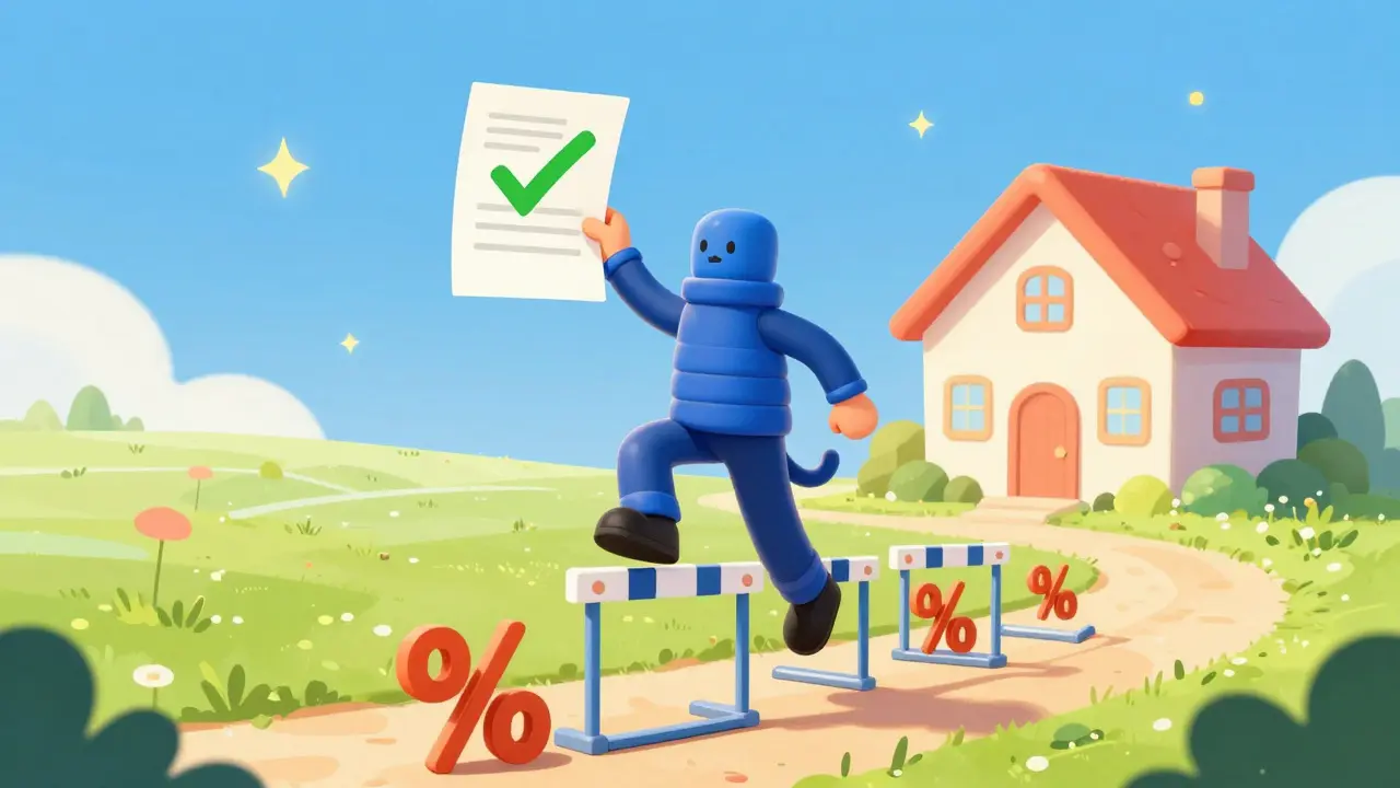 Радостный персонаж преодолевает препятствия в виде процентов на пути к своему дому.