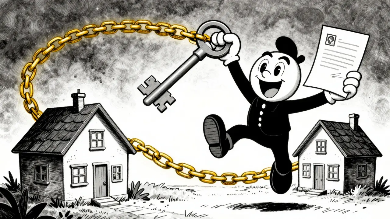 Радостный персонаж с ключом от новой квартиры, символизирующий успешный перенос залога