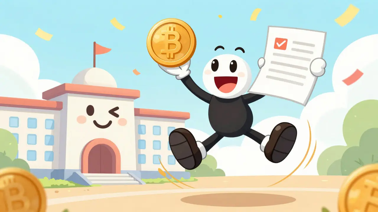 Радостный персонаж с монетой и документом о перерасчете налога