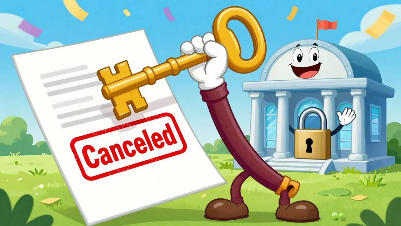 Радостный покупатель с ключом и документом об отмене залога в стиле ретро-мультиков