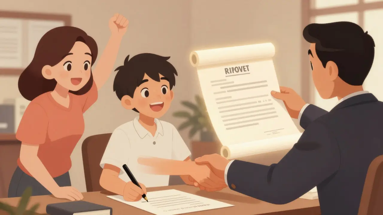 Счастливая семья и нотариус подписывают договор в стиле ретро-мультфильма