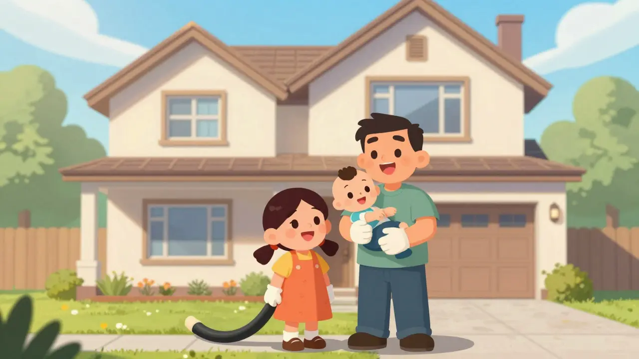 Счастливая семья с ребенком у нового большого дома в стиле старой анимации