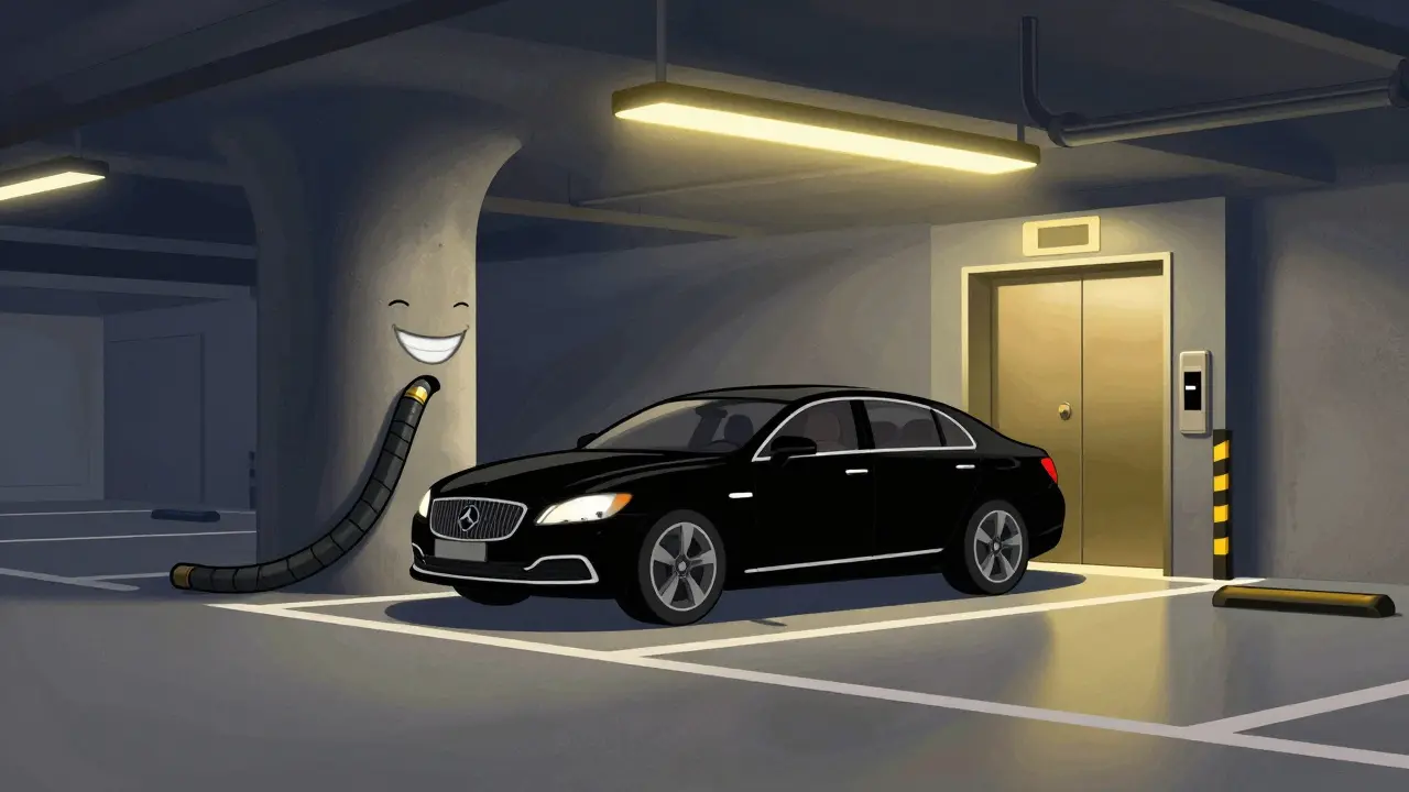 Счастливый автомобиль на просторном месте в подземном паркинге в стиле rubber hose.