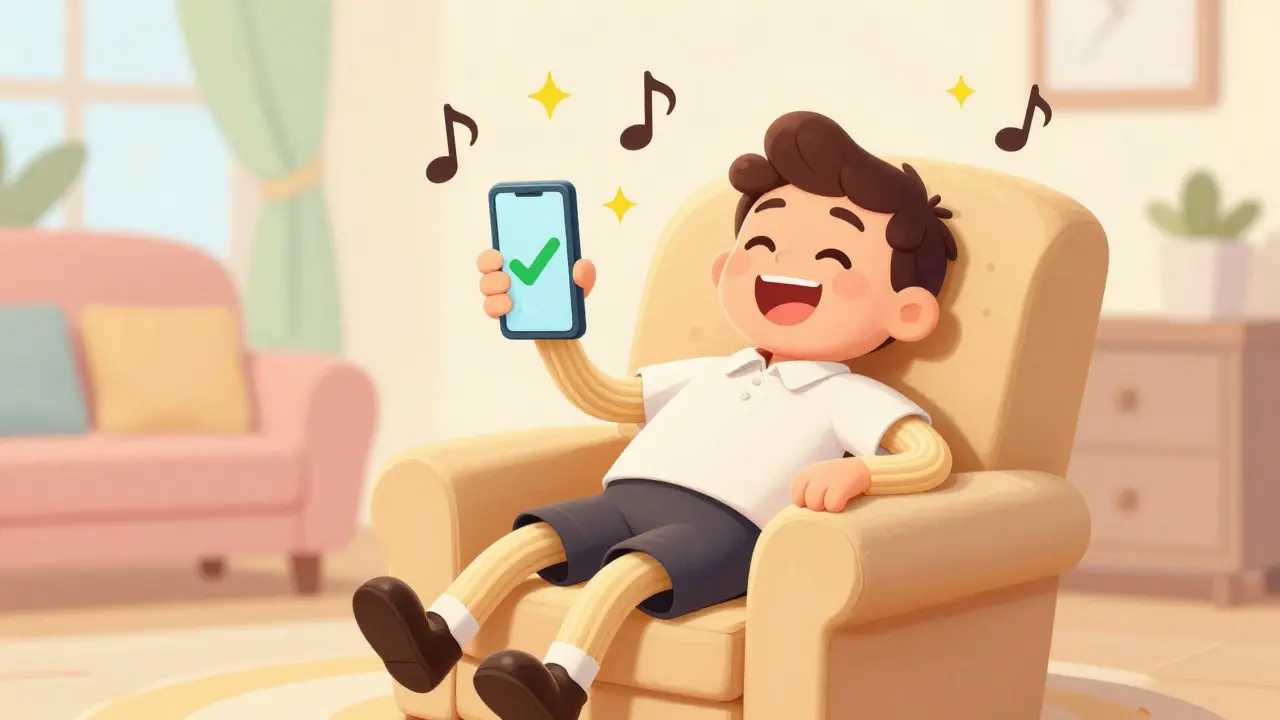 Счастливый домовладелец с телефоном в уютной комнате в стиле старых мультфильмов