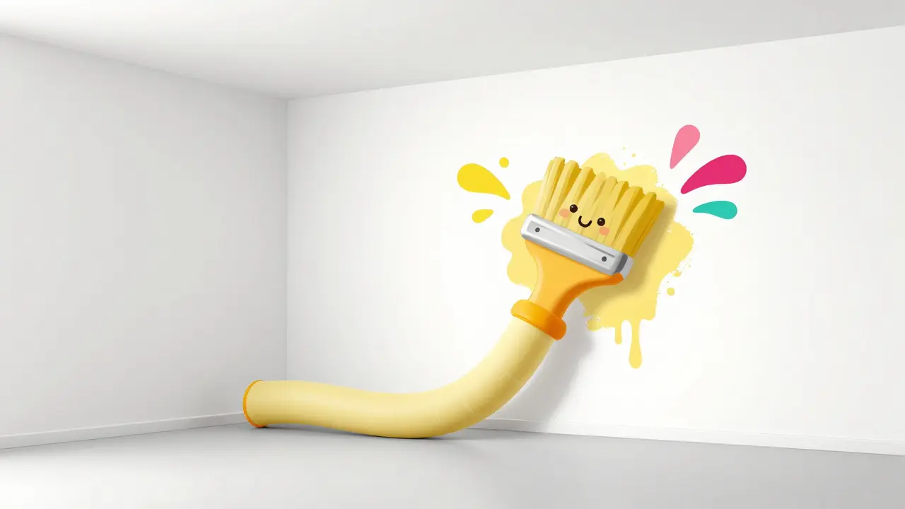 Счастливый персонаж красит стены в квартире с отделкой White Box