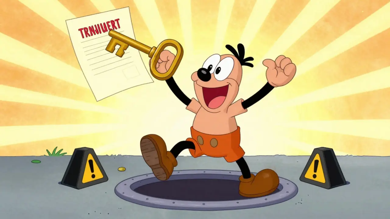 Счастливый персонаж с золотым ключом и документами на светлом фоне