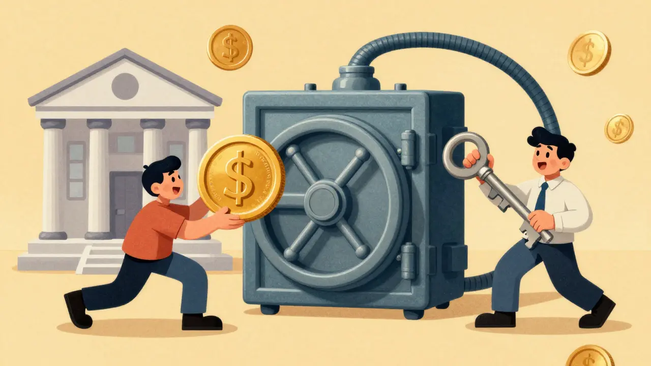 Схема расчетов через банковский сейф в стиле анимации 30-х годов