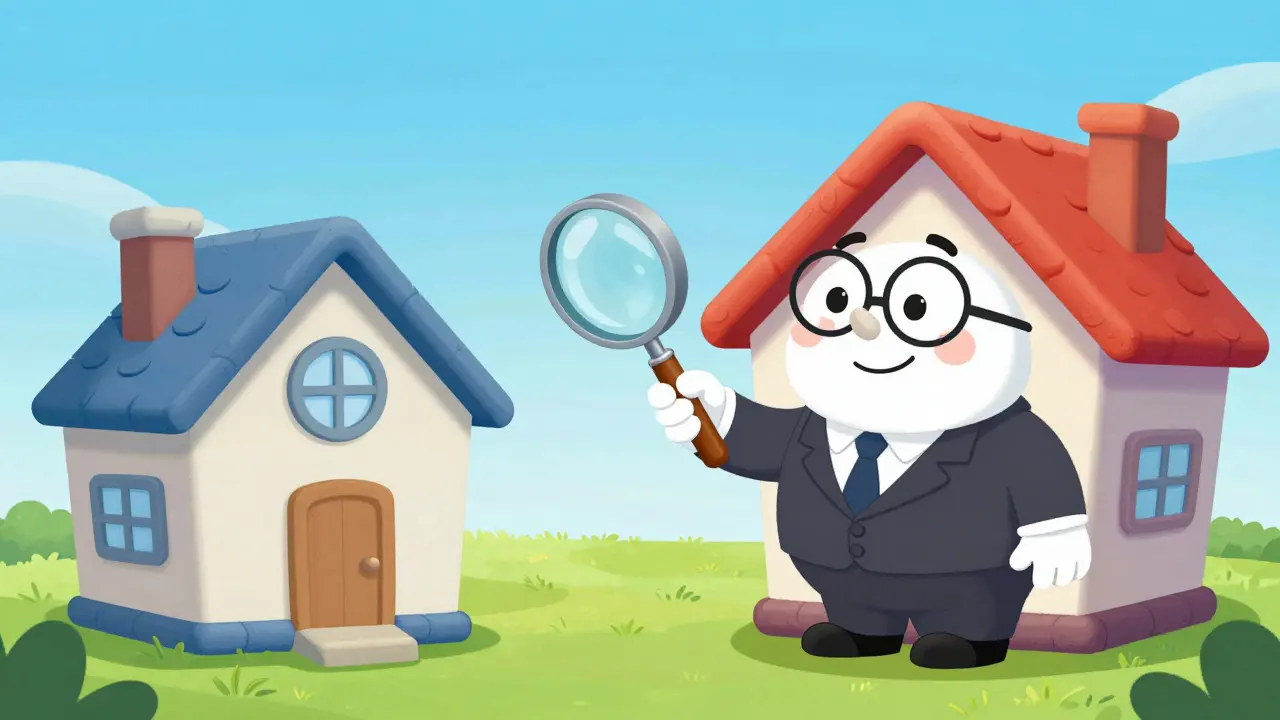 Сотрудник опеки сравнивает два дома через огромную лупу в стиле ретро-мультфильма