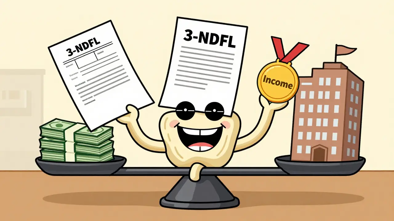 Веселый персонаж жонглирует огромными налоговыми документами и договорами аренды.